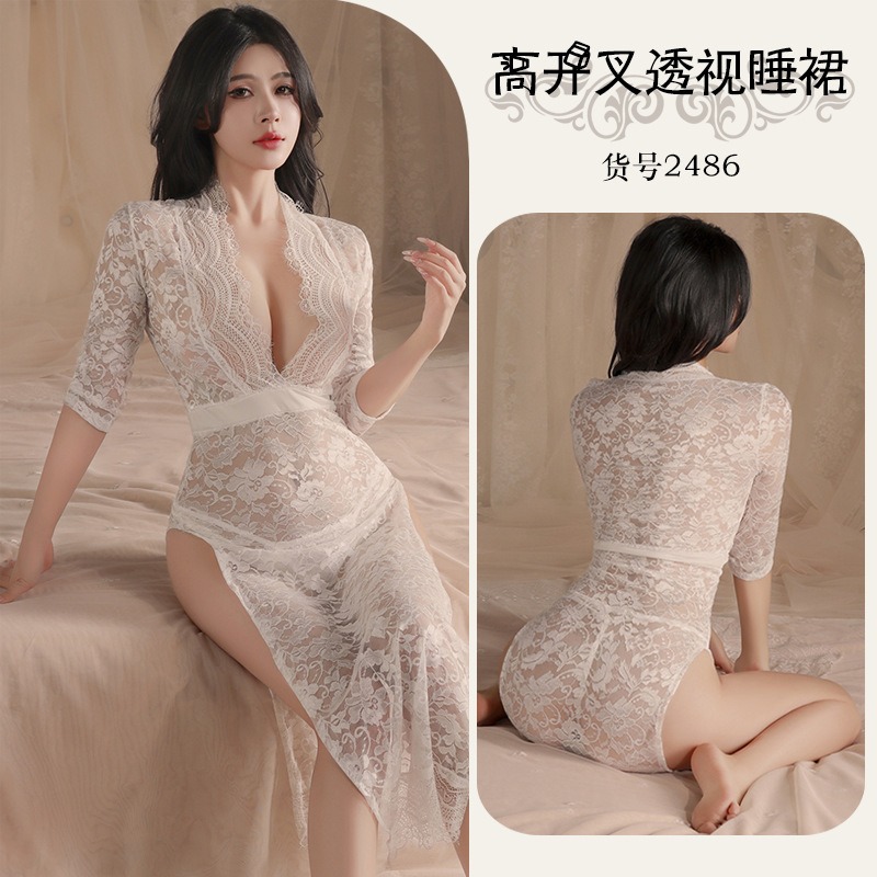 Sexy lingerie sexy lace long skirt hot breast-revealing side slit slim fit uniform pajamas female wholesale (2486)