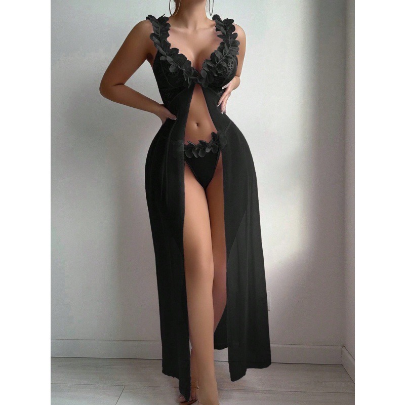 2-Piece Suspender Skirt Long Skirt Sexy Pajamas for Women with Slits and See-Through Flower Lace 1801