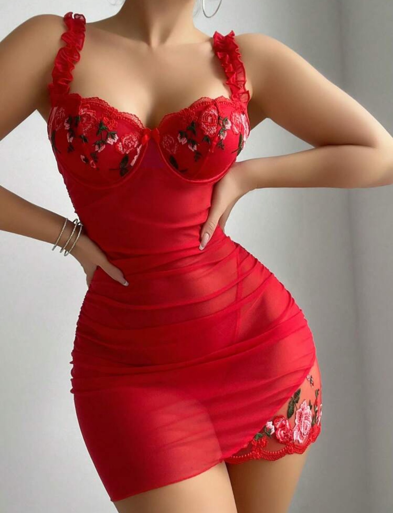 Sexy Lace See-Through Underwire Push-Up Nightgown 1674