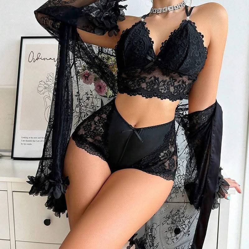 European and American Style Sexy Mesh See-Through Lingerie Set, Sexy Pajamas for Women, Summer Lace Robe Three-Piece Set 4103