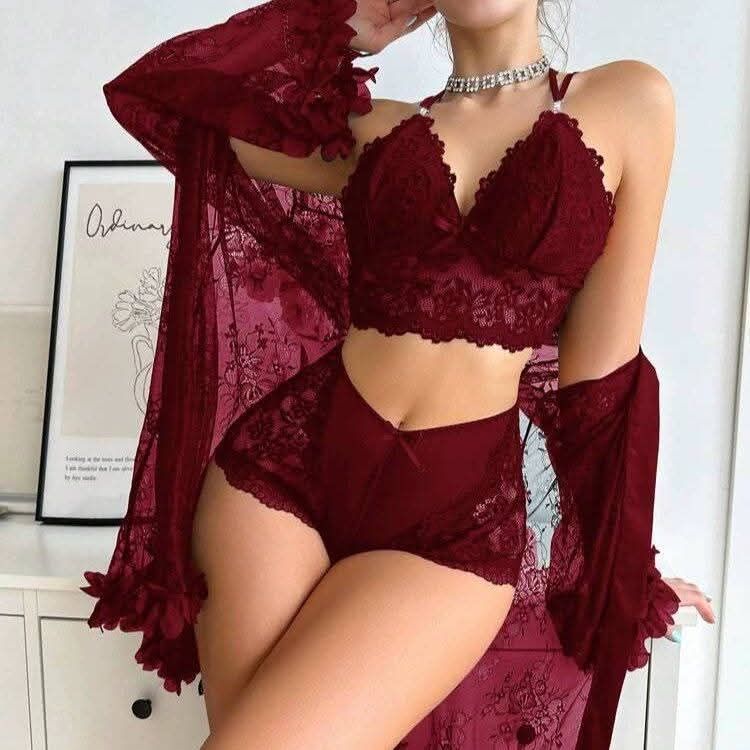 European and American Style Sexy Mesh See-Through Lingerie Set, Sexy Pajamas for Women, Summer Lace Robe Three-Piece Set — Image 2