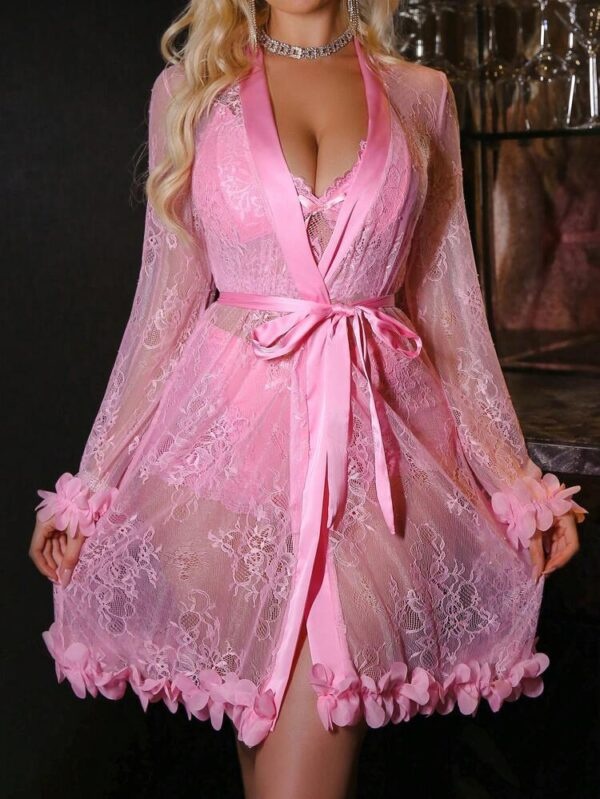 European and American Style Sexy Mesh See-Through Lingerie Set, Sexy Pajamas for Women, Summer Lace Robe Three-Piece Set — Image 5